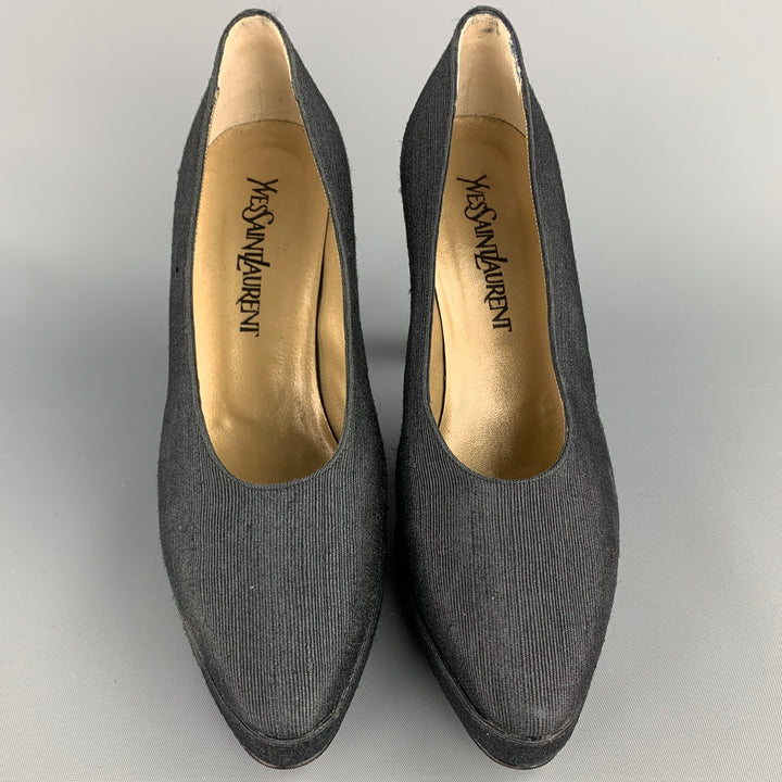 YVES SAINT LAURENT Size 7 Black Textured Fabric Platform Pumps