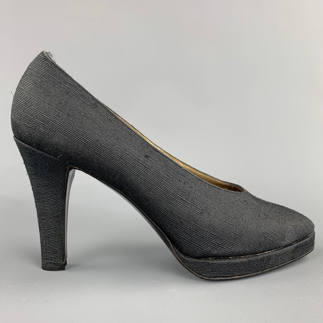 YVES SAINT LAURENT Size 7 Black Textured Fabric Platform Pumps