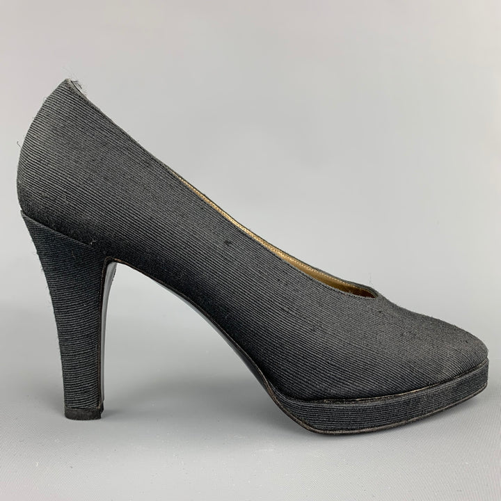 YVES SAINT LAURENT Size 7 Black Textured Fabric Platform Pumps