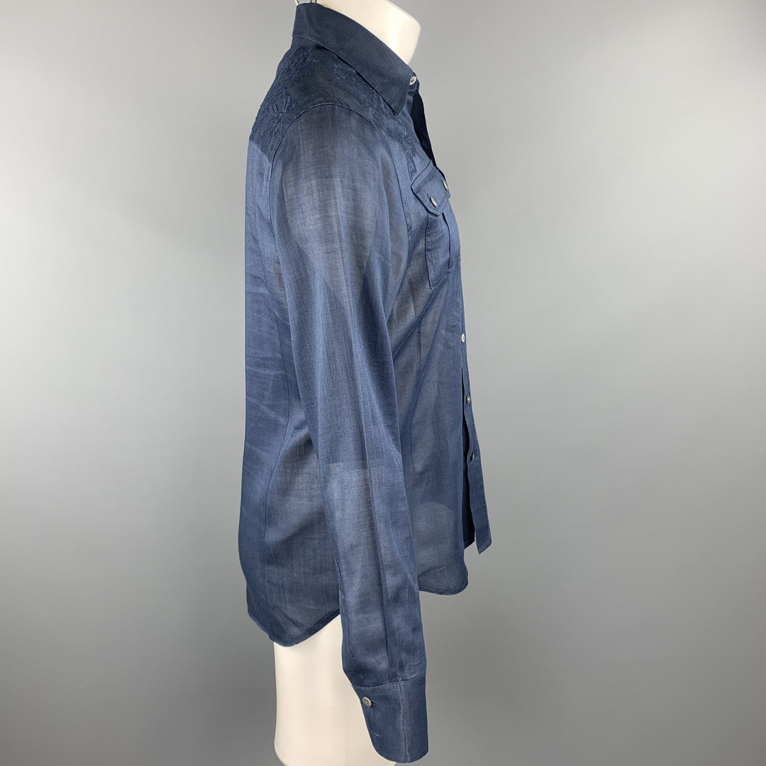 PAUL &amp; JOE Camisa de manga larga con botones de ramio y bordado azul marino talla M