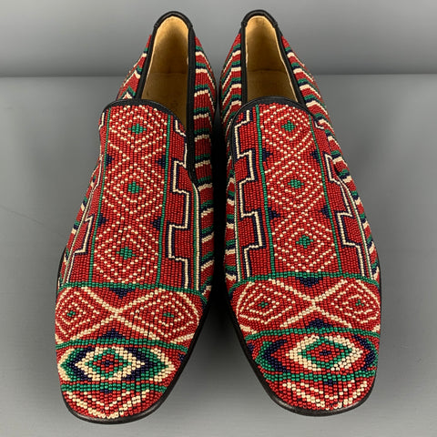 DONALD J PLINER Size 9 Red Navy Green Beaded Leather Slip On Loafers