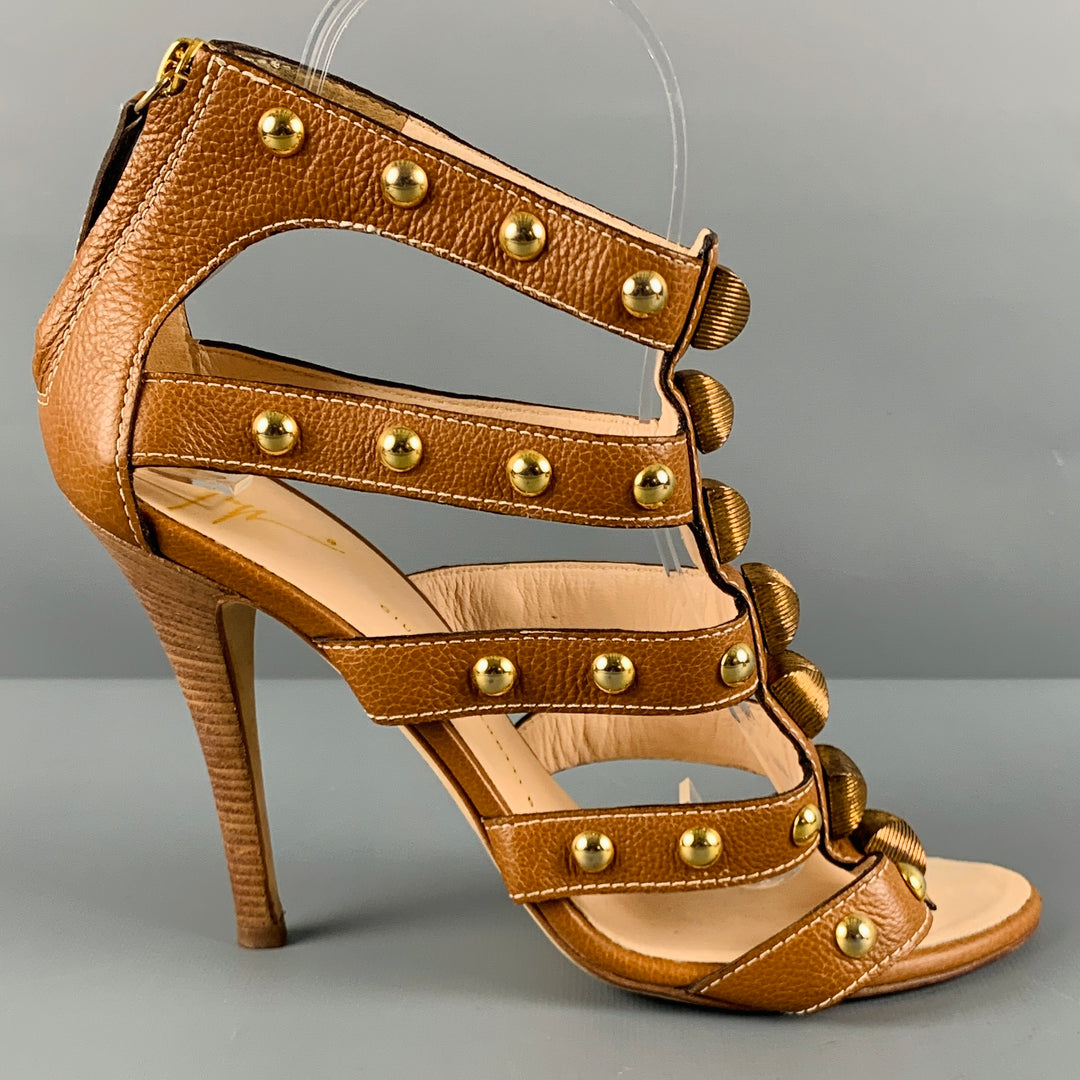 GIUSEPPE ZANOTTI Size 8 Brown Gold Leather Studded Ankle Sandals