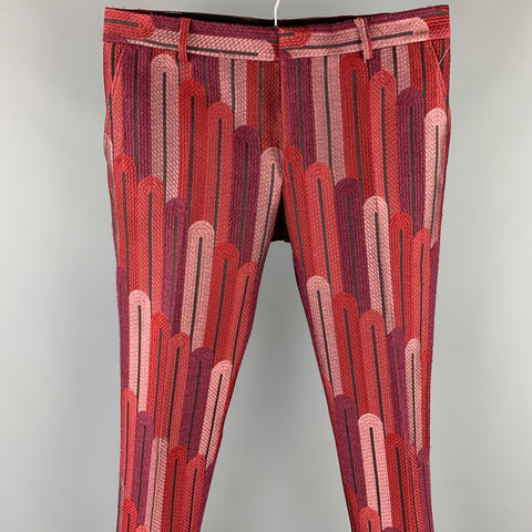 WALTER VAN BEIRENDONCK F/W 16 Size 34 Burgundy & Red Brocade Polyester Blend 2001 Sharp Trouser Pants