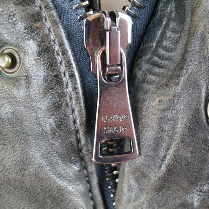 GIORGIO BRATO 38 Taupe Distressed Leather & Silk High Collar Jacket