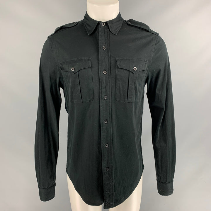 RALPH LAUREN Size M Black Solid Cotton Epaulettes Long Sleeve Shirt