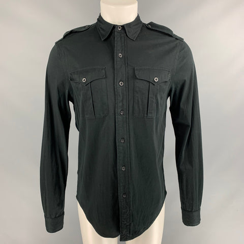 RALPH LAUREN Talla M Camisa de manga larga con charreteras de algodón liso negro