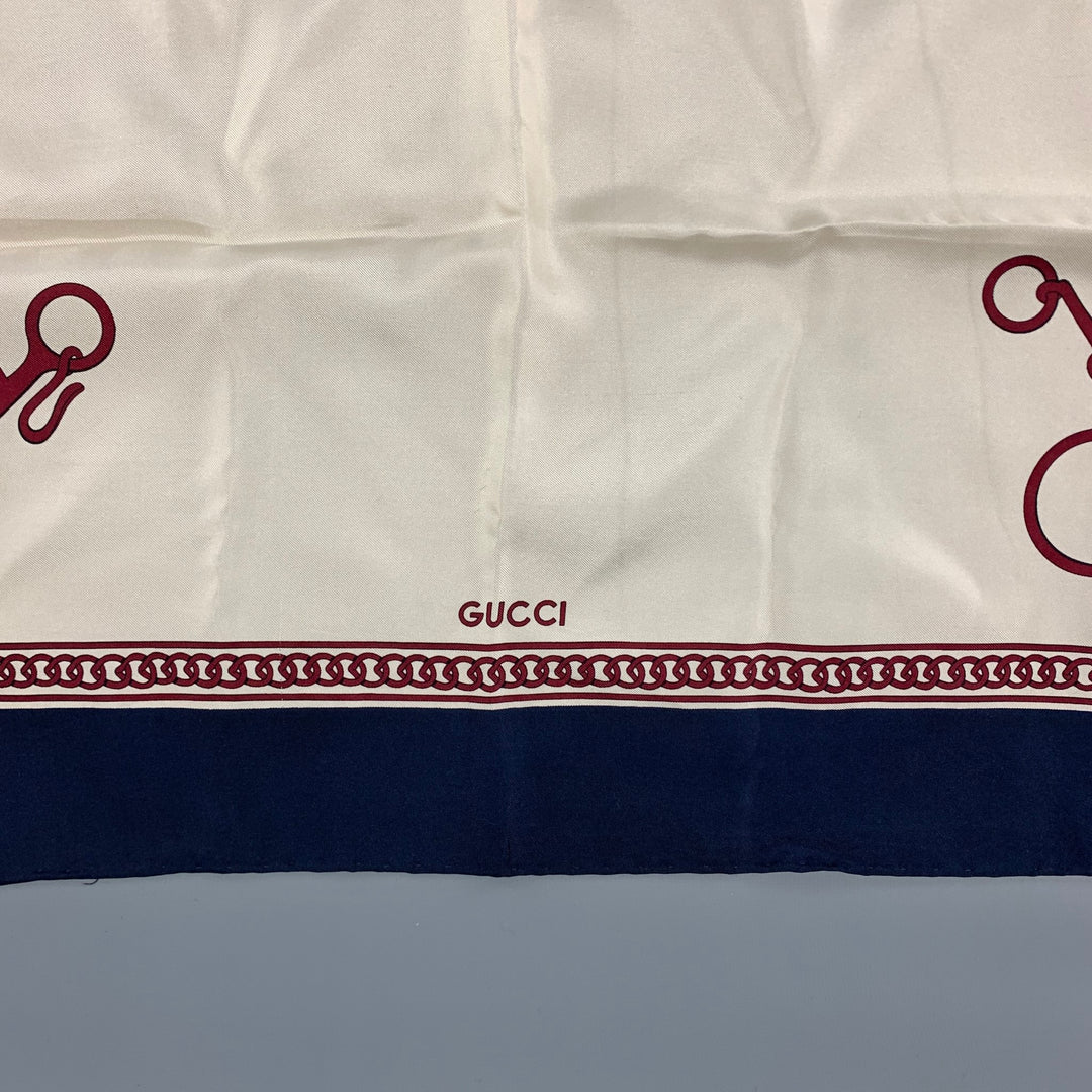 Vintage GUCCI Cream Navy Burgundy Equestrian Silk Twill Scarf