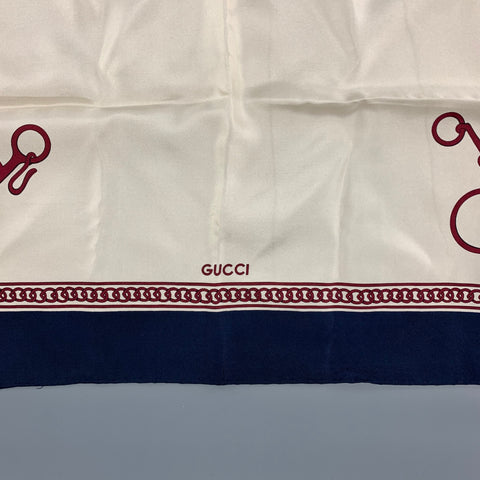 Vintage GUCCI Cream Navy Burgundy Equestrian Silk Twill Scarf