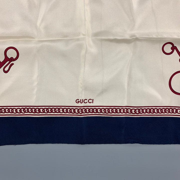 Vintage GUCCI Cream Navy Burgundy Equestrian Silk Twill Scarf
