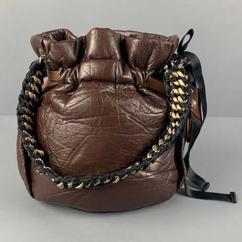 MARNI Brown Black Wrinkled Rhinestones Leather Handbag