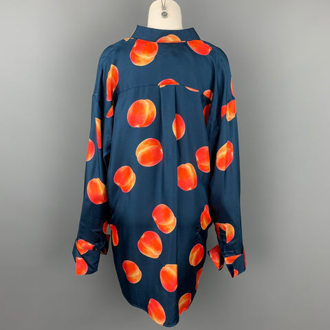 PAUL SMITH Size XL Oversized Navy & Orange Peach Print Silk Shirt