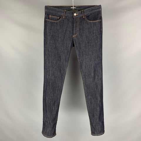 BALDININI Size 34 Navy Contrast Stitch Cotton  Elastane Button Fly Jeans