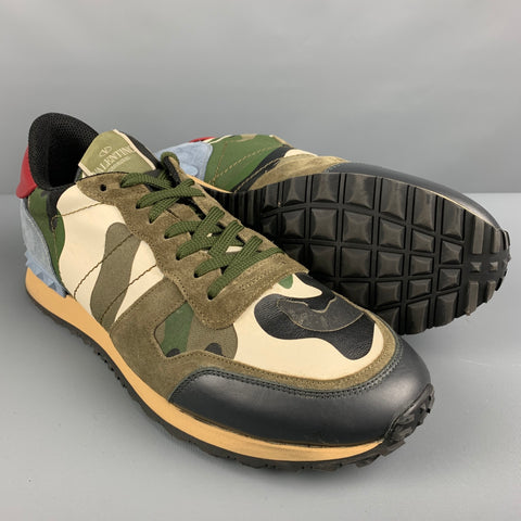 VALENTINO Zapatillas bajas de cuero de camuflaje oliva multicolor talla 12