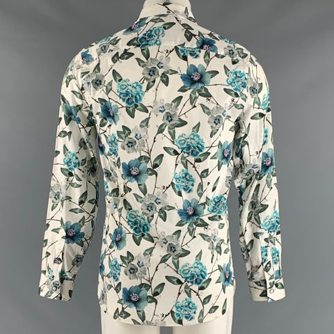 TED BAKER Size M White Blue Floral Cotton Long Sleeve Shirt