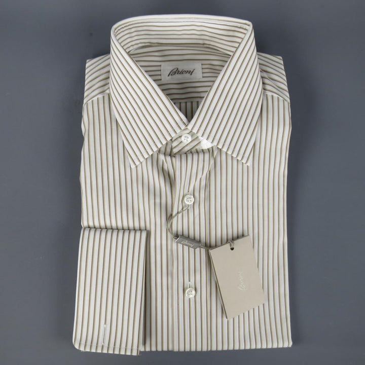 Nuevo BRIONI Camisa manga larga de algodón a rayas blanca y marrón talla M