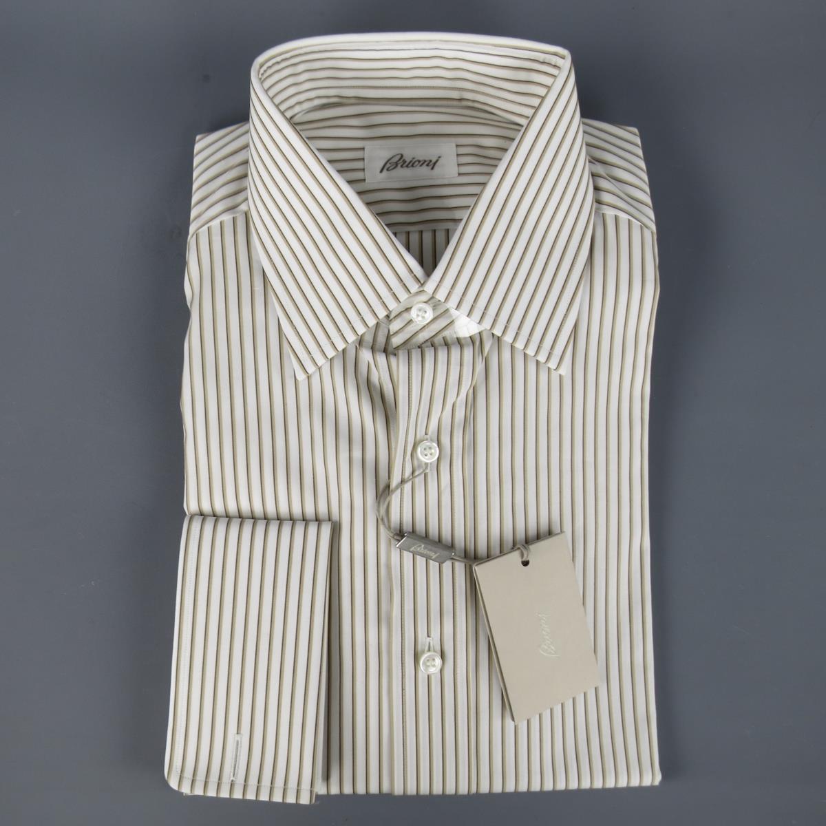 New BRIONI Size M White & Brown Striped Cotton Long Sleeve Shirt