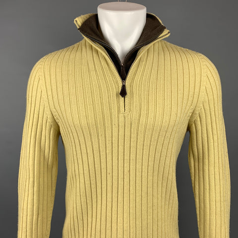 HERMES Size L Yellow Ribbed Knit Wool / Cashmere Half Zip Sweater