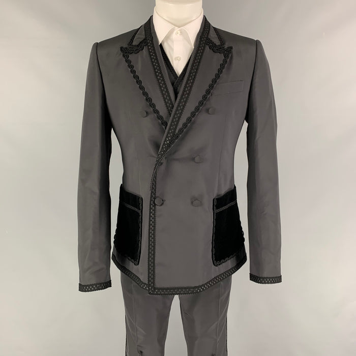 DOLCE &amp; GABBANA Talla 38 R Traje de 3 piezas cruzado de seda con bordado de pasamanería negro