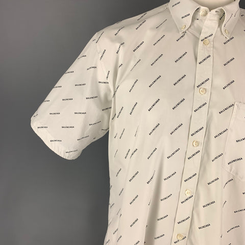 BALENCIAGA Size M White Black Logo Cotton Button Down Short Sleeve Shirt