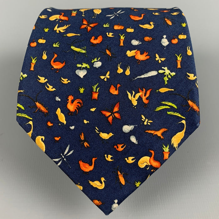 SALVATORE FERRAGAMO Navy Orange Animals Silk Tie