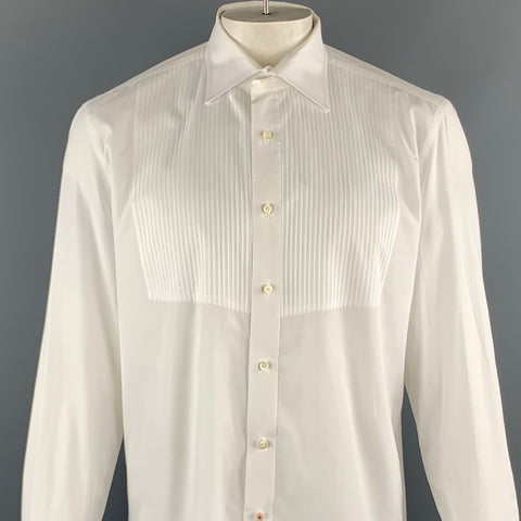 ISAIA Size XL White Solid Cotton Tuxedo Long Sleeve Shirt