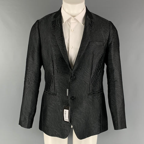 EMPORIO ARMANI Size 40 Black Grey Jacquard Polyester Blend Sport Coat