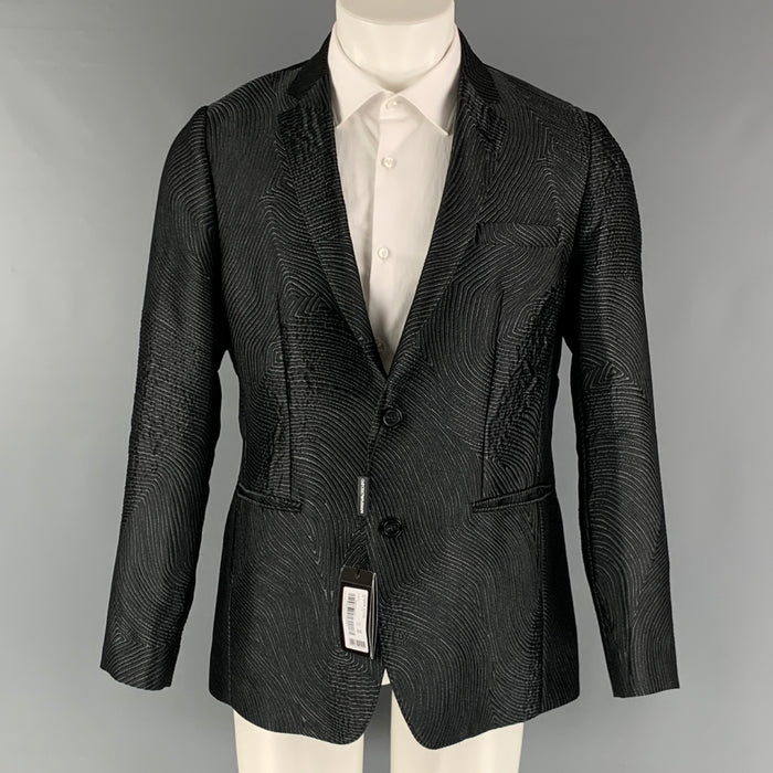 EMPORIO ARMANI Size 40 Black Grey Jacquard Polyester Blend Sport Coat