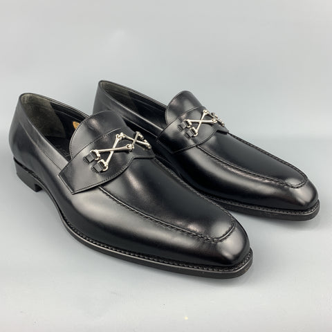 BARKER BLACK Size 12.5 Black Leather Cross Bones Slip On WOLFE Loafers