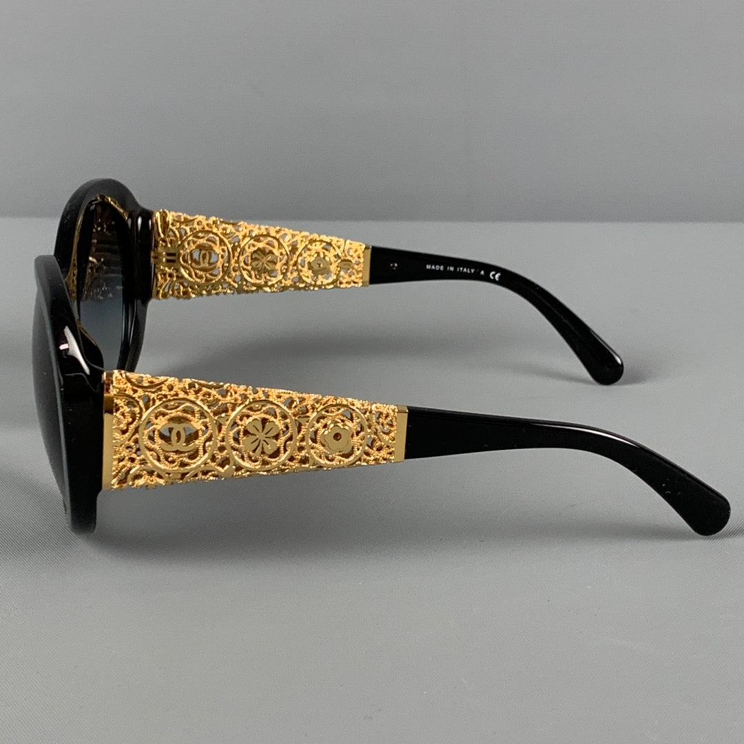 CHANEL Black Gold Metallic Acetate Camellia Bijou Sunglasses