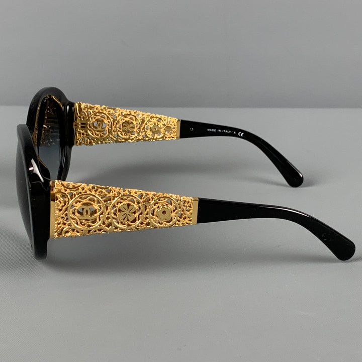 CHANEL Black Gold Metallic Acetate Camellia Bijou Sunglasses