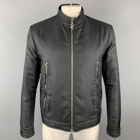 JOHN RICHMOND Size L Black SEX LIES RELIGION Tattoo Silk Blend Zip Up Jacket