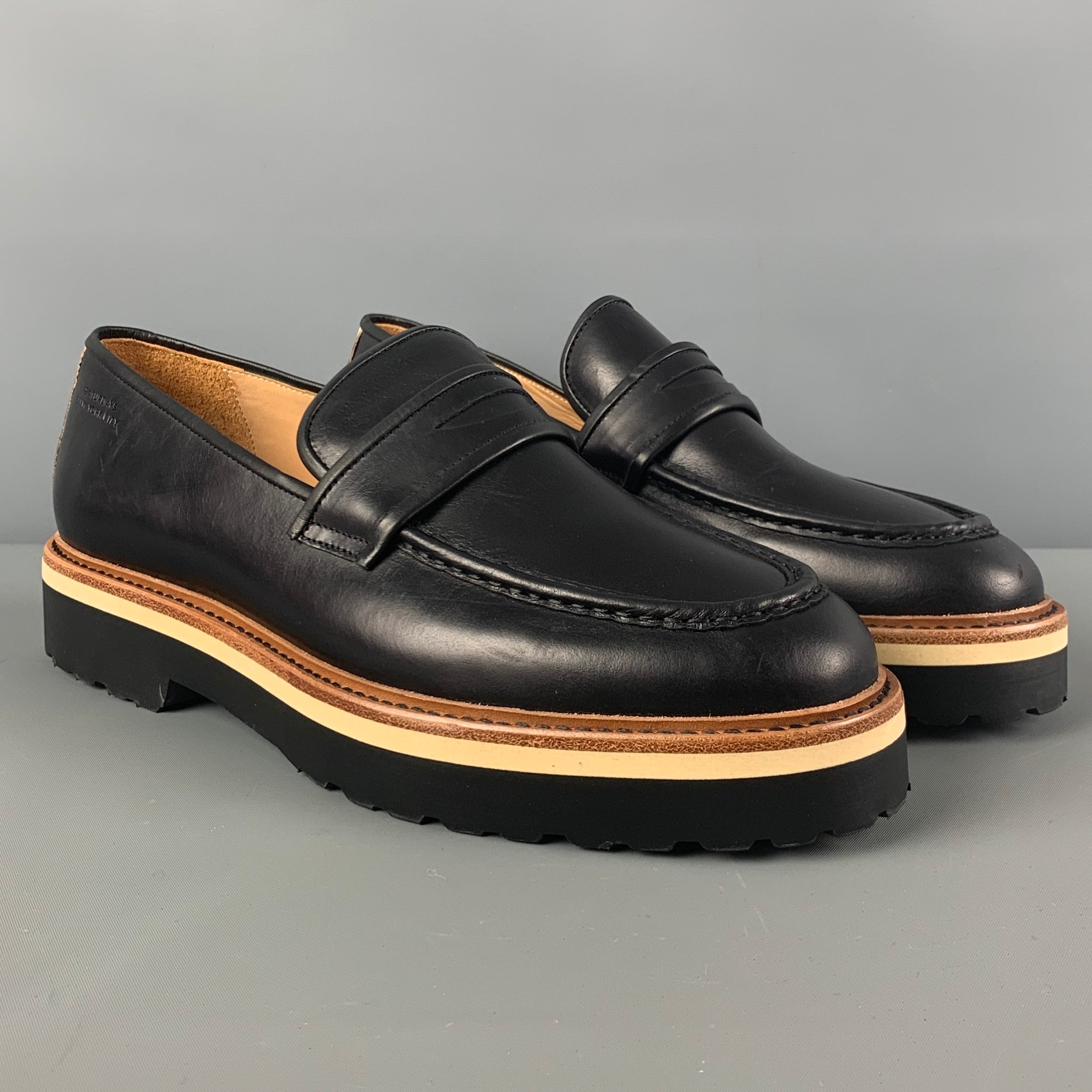 SATURDAYS NYC Size 10.5 Black Tan Color Block Leather Chuncky Heel Loafers