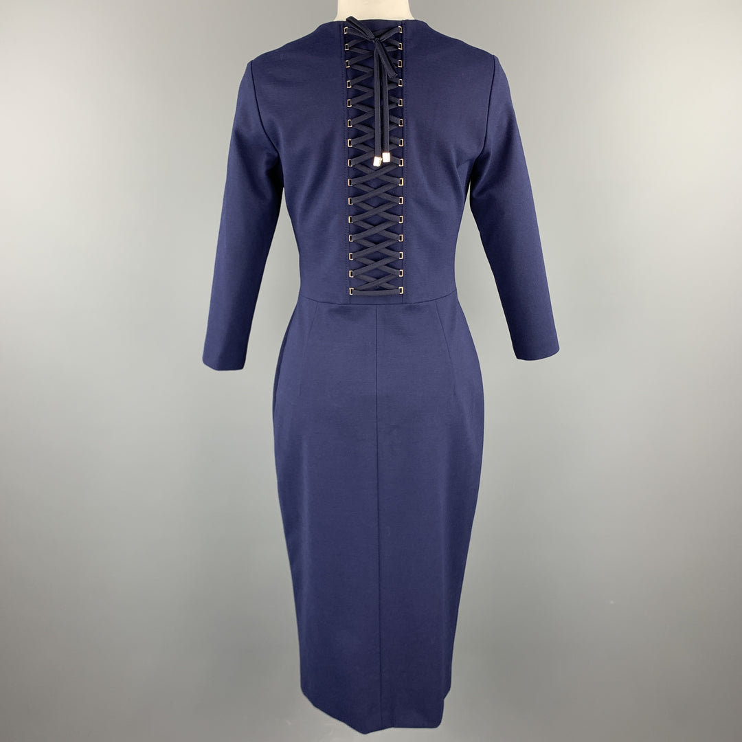 ESCADA Size 6 Deep Sea Navy Three Quarter Sleeve Sheath Lace Up Dress Sui Generis Designer Consignment ESCADA Size 6 Deep Sea Navy Three Quarter Sleeve Sheath Lace Up Dress Sui Generis Designer Consignment