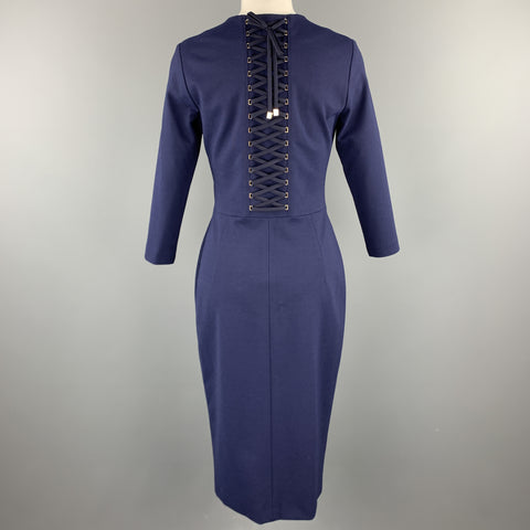 ESCADA Taille 6 Deep Sea Navy Robe fourreau à manches trois-quarts à lacets