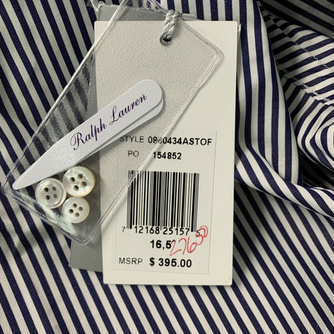 RALPH LAUREN Size XL White & Navy Stripe Cotton French Cuff Long Sleeve Shirt