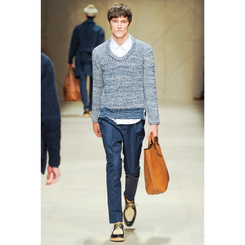 BURBERRY PRORSUM Spring 2012 Size L Navy & White Knitted Wool Fisherman Scoop Neck Sweater