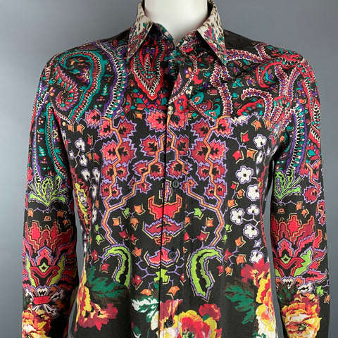 JUST CAVALLI Size XXL Multi-Color Print Cotton Blend Button Up Long Sleeve Shirt