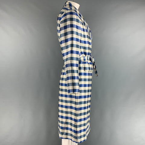 LA PERLA Bata de lino y seda a cuadros, color azul crudo, talla L