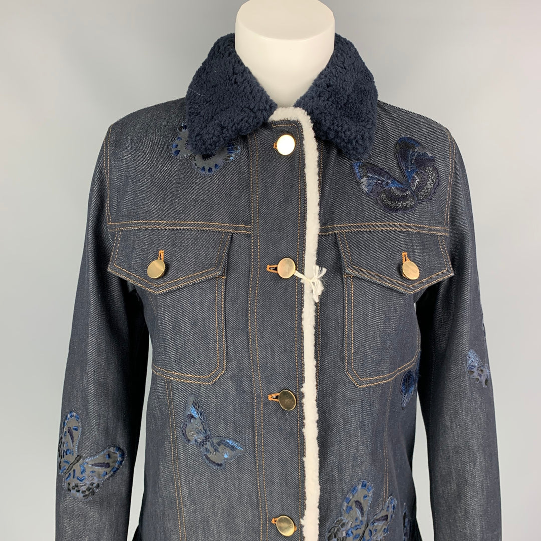 VALENTINO Size 6 Navy Embroidered Butterfly Cotton Sherling Collar Jacket
