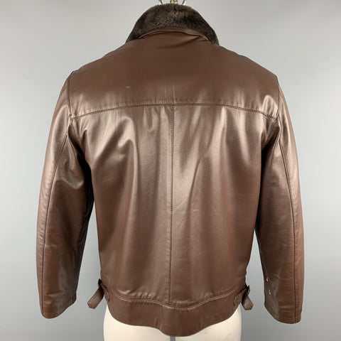 SCHIATTI & CO. Size L Brown Leather Beaver Lining Detachable Fur Collar Asymmetrical Jacket