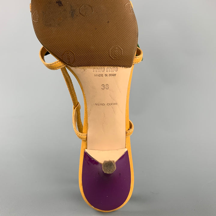 MIU MIU Size 8.5 Mustard Flower Applique Leather Slingback Sandals