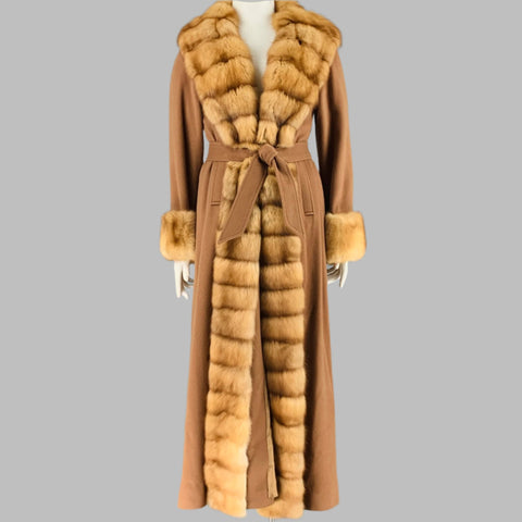 VINTAGE Taille M Manteau ceinturé en fourrure de cachemire camel