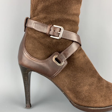 RALPH LAUREN Talla 7 Botas de becerro puntiagudas con correa en el tobillo de ante marrón