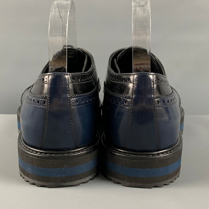 PRADA Size 11 Navy Black Perforated Leather Platform Lace Up Shoes