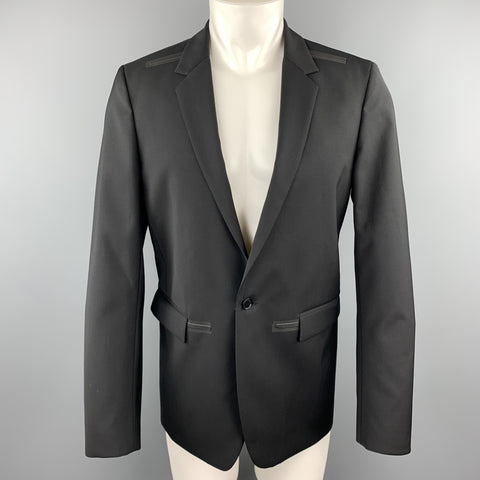 CALVIN KLEIN COLLECTION Size 38 Black Wool Rubber Piping Notch Lapel Blazer