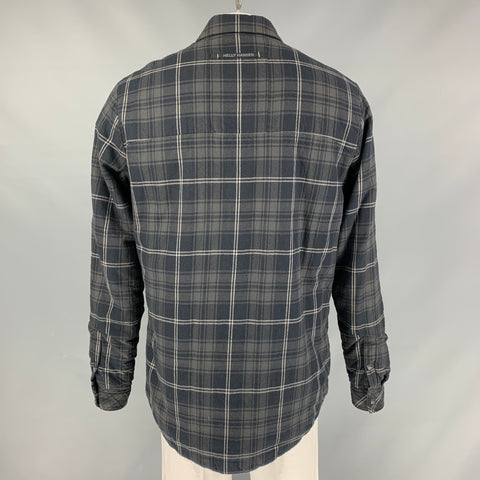 HELLY HANSEN Size L Gray & Black Plaid White Flannel Snaps Jacket