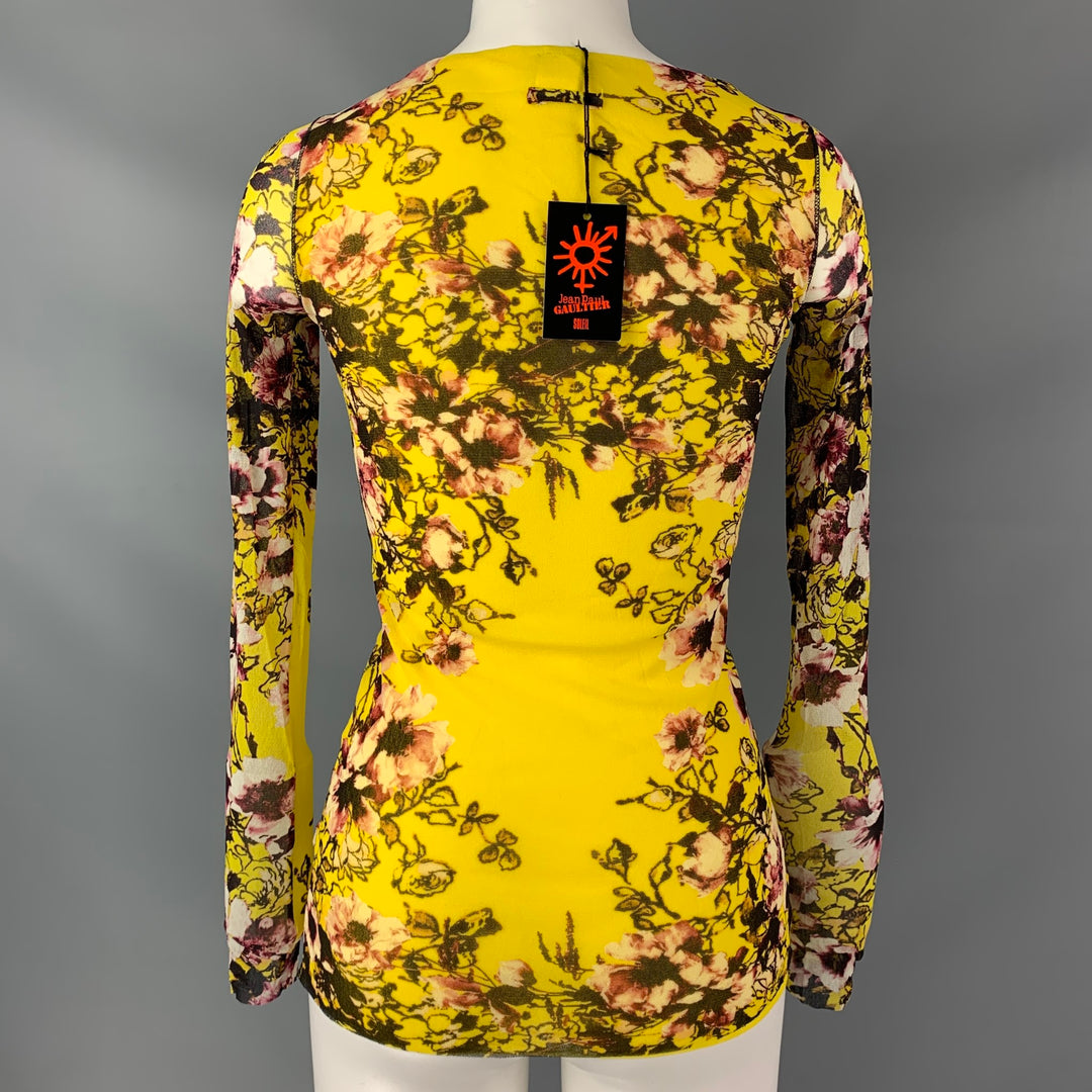 JEAN PAUL GAULTIER SOLIEL Talla S Blusa floral de nailon con cuello en V amarilla y marrón