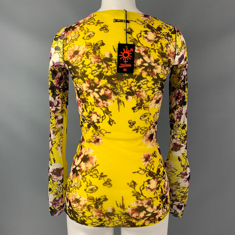JEAN PAUL GAULTIER SOLIEL Size S Yellow & Brown Nylon Floral V-neck Blouse