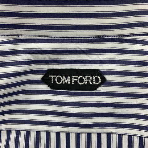 TOM FORD Size XL Navy & White Vertical Stripe Cotton Button Up Long Sleeve Shirt