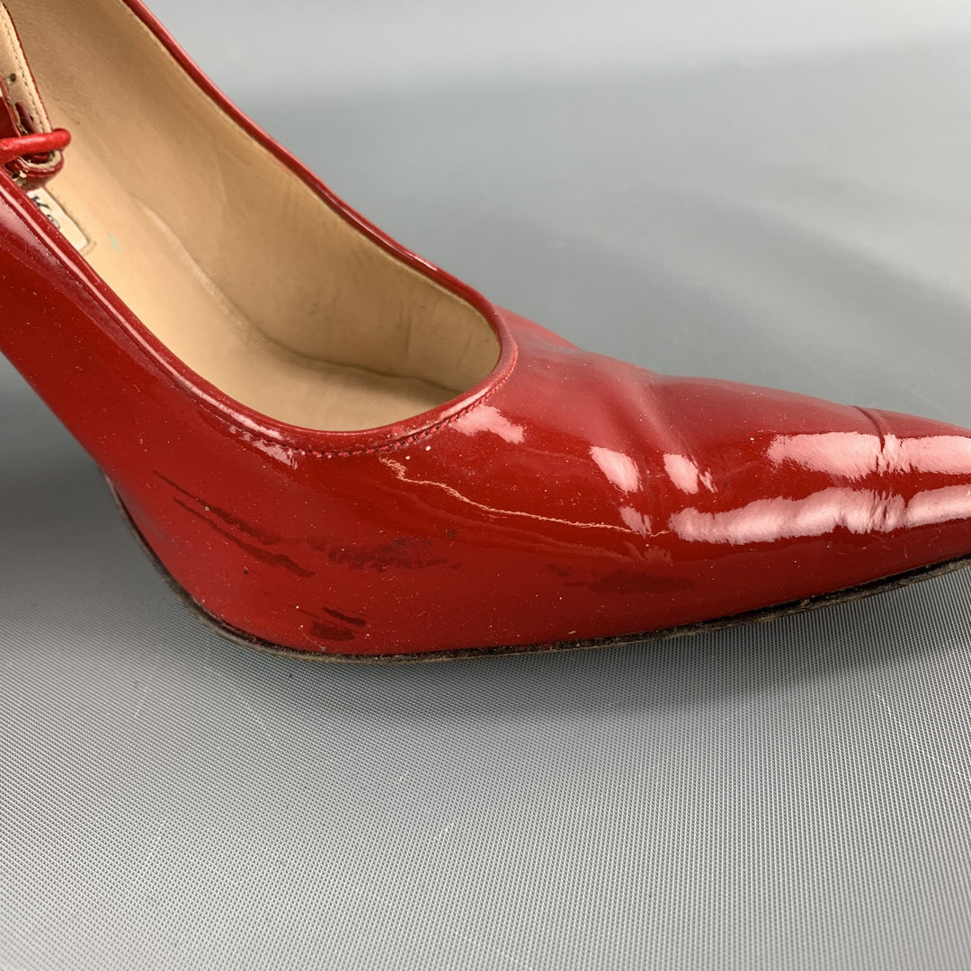 MANOLO BLAHNIK Size 7 Red Patent Leather Ankle Strap Pointed Pumps